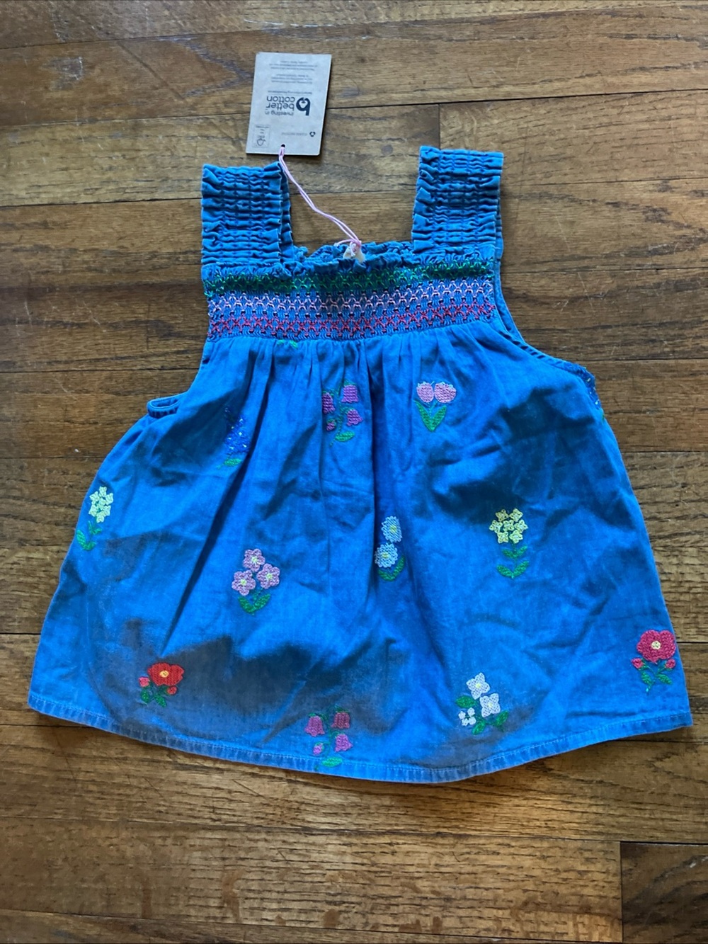 Mini Boden Denim Smocked Embroidered Floral Sleeveless Top Sz 7-8Y NWT